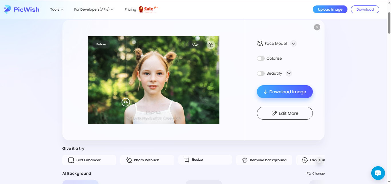 Interface of PicWish AI - popular image quality increaser