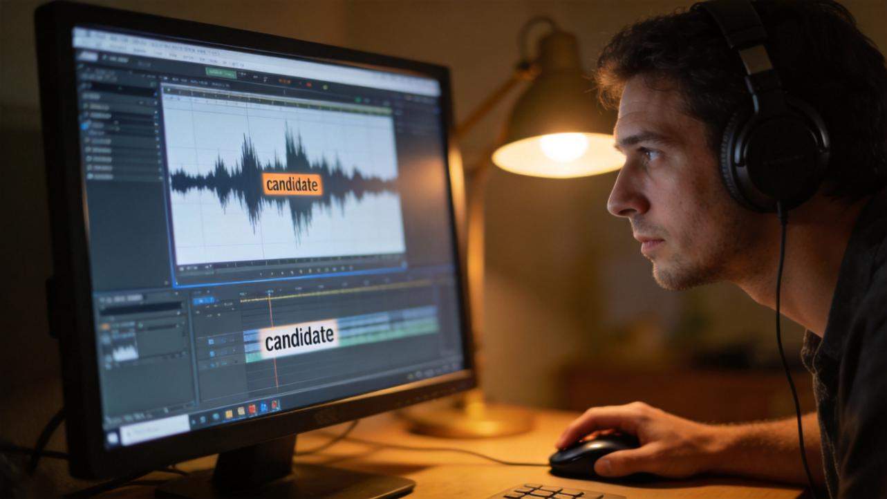 Man wearing headphones editing audio waveforms on a computer monitor