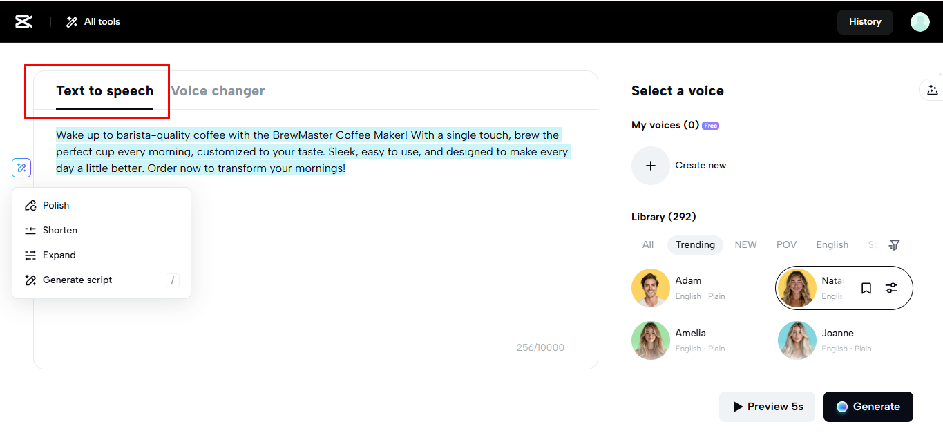 Easily convert text to speech in CapCut Web
