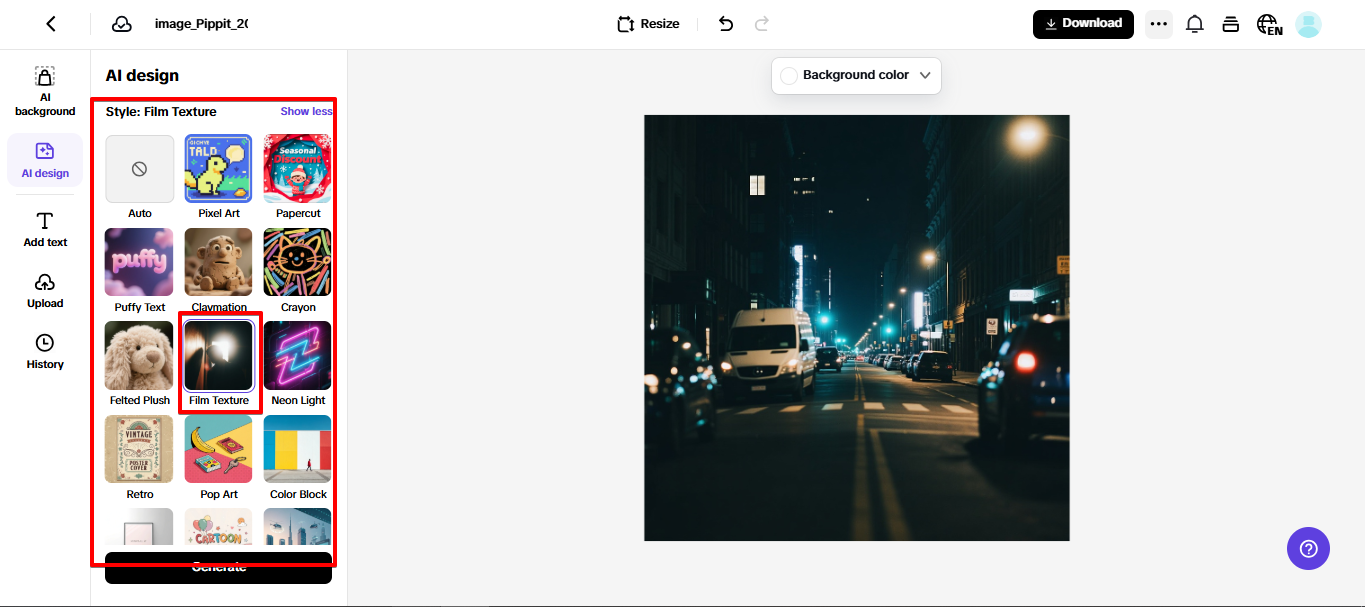 Mga filter at epekto ng Pippit