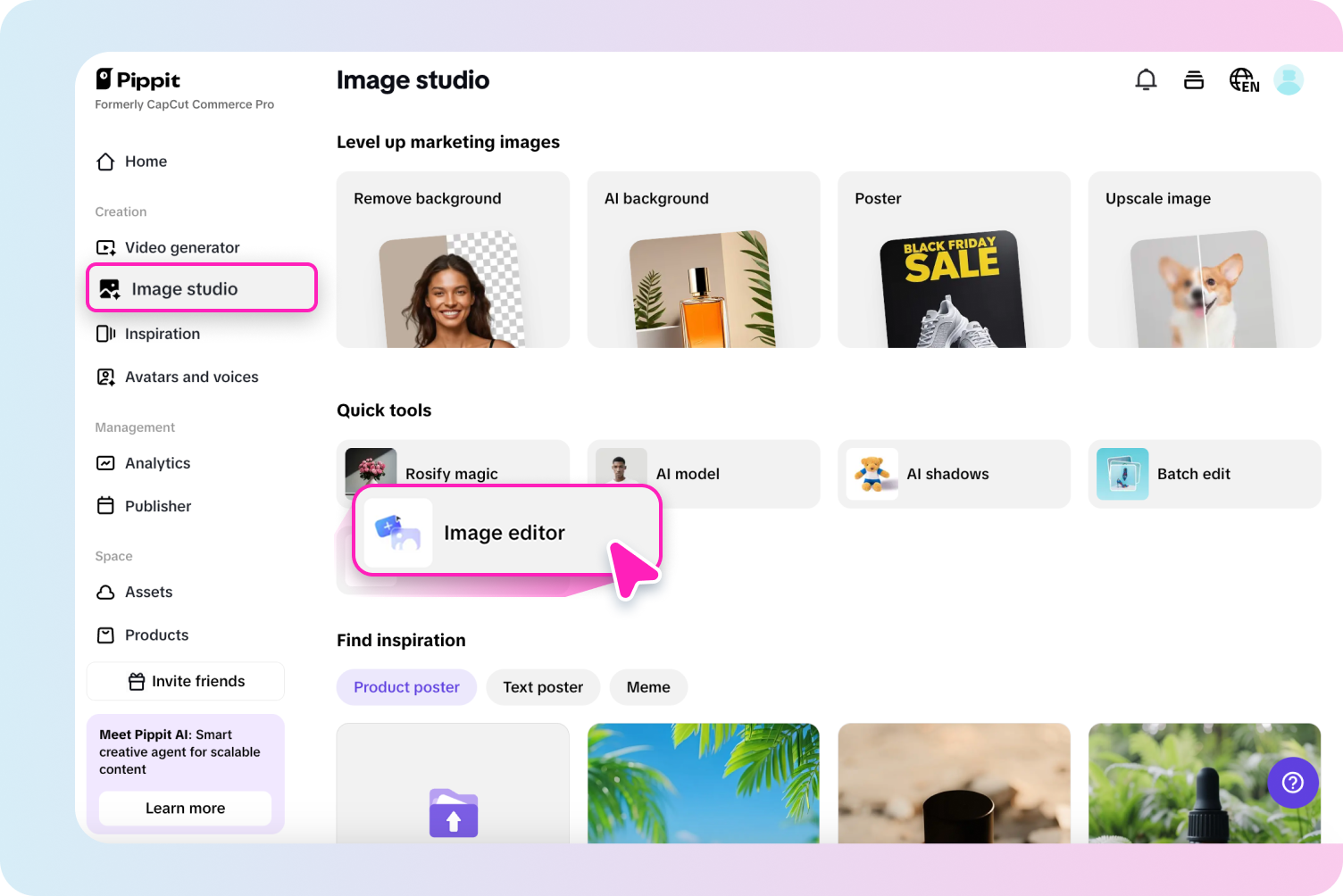 Akses Image editor di bawah Image studio.