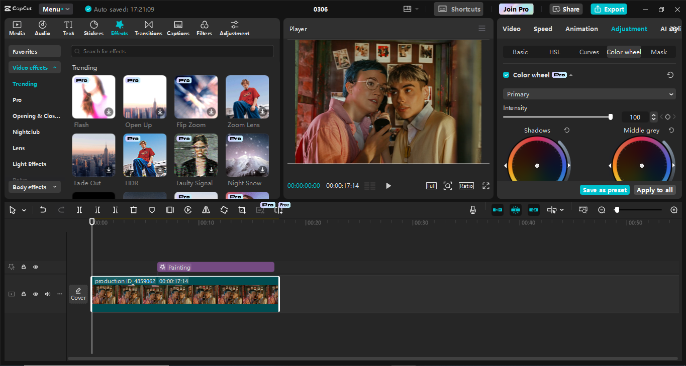 Interface of the CapCut desktop video editor - a perfect tool to use film grain effects in videos