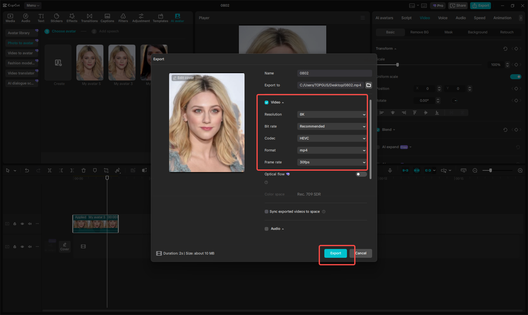 Export vygenerovaného videa avatara v CapCut