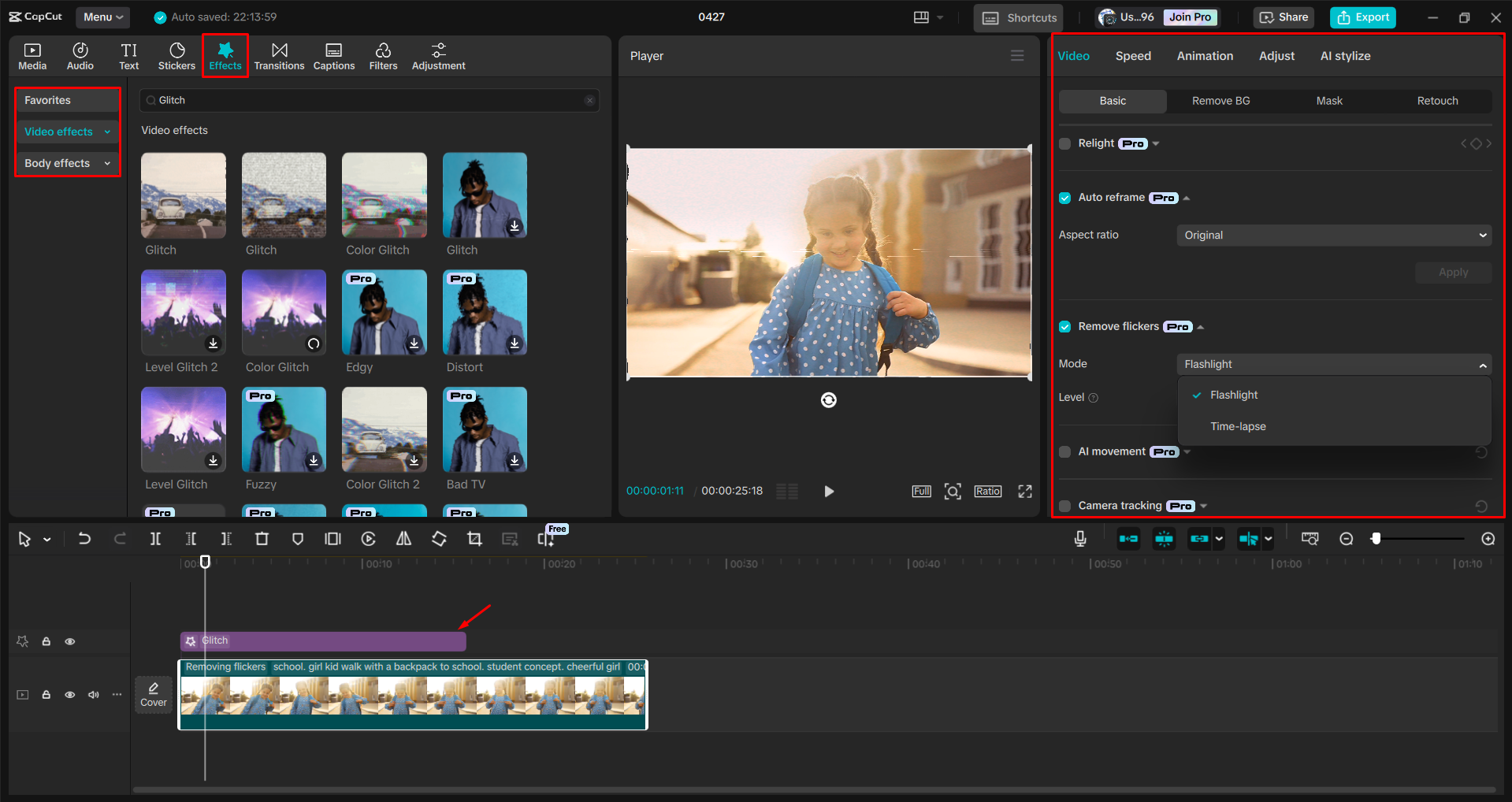 Adding and adjusting a glitch effect to a video with the CapCut desktop video editor