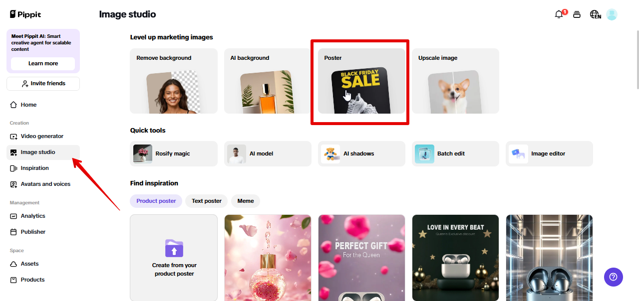 Accessing image studio in Pippit