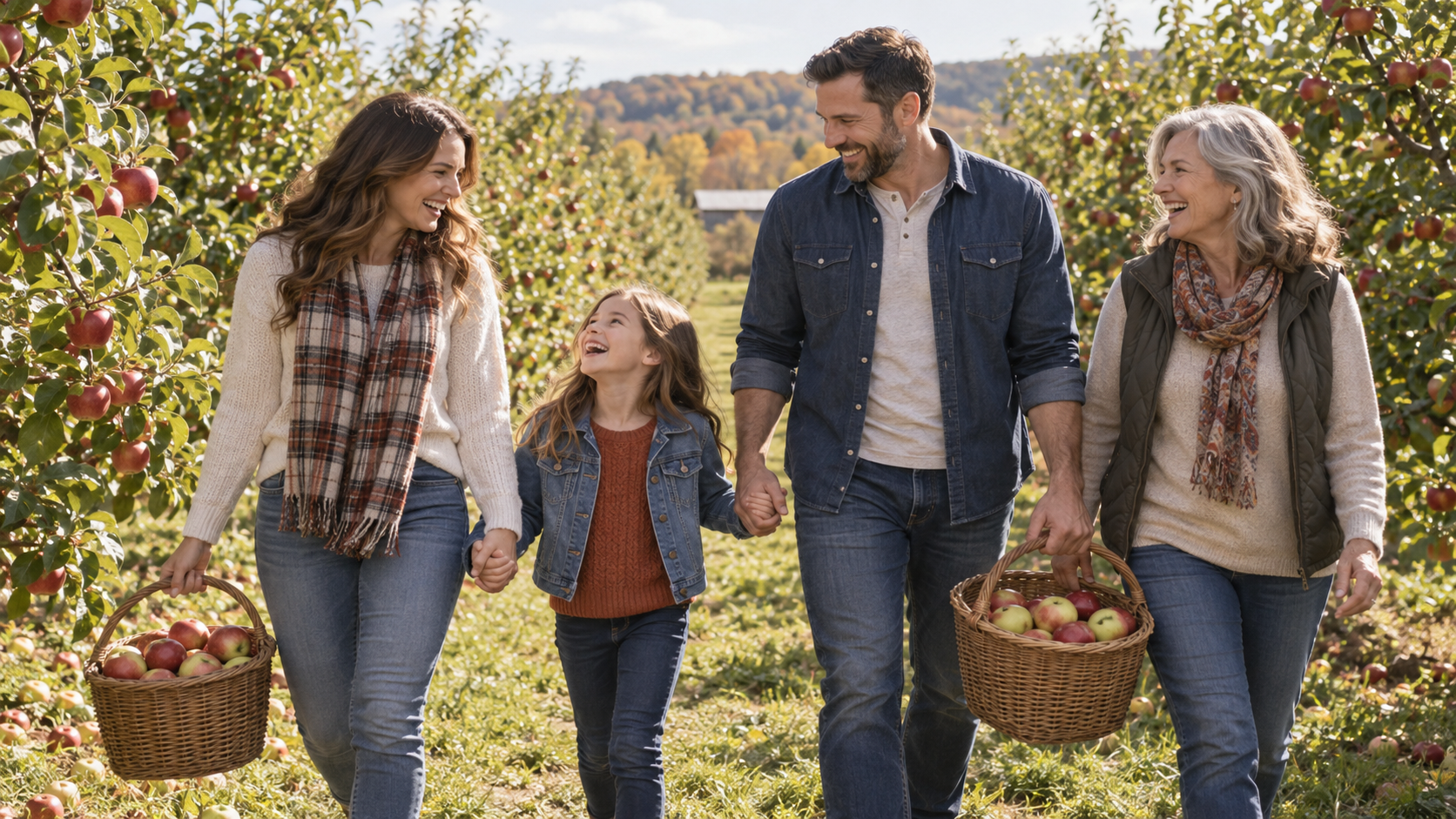 Photo IA de cueillette de pommes : promenade en famille entre les rangées de vergers