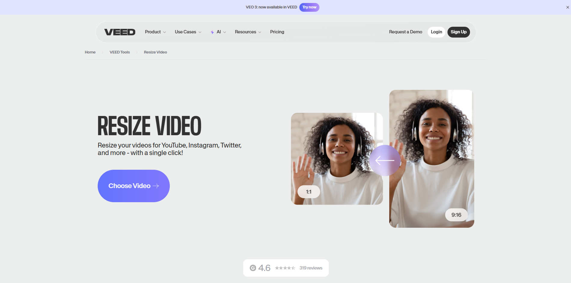 Interface of Veed.io - another free online MP4 video resizer