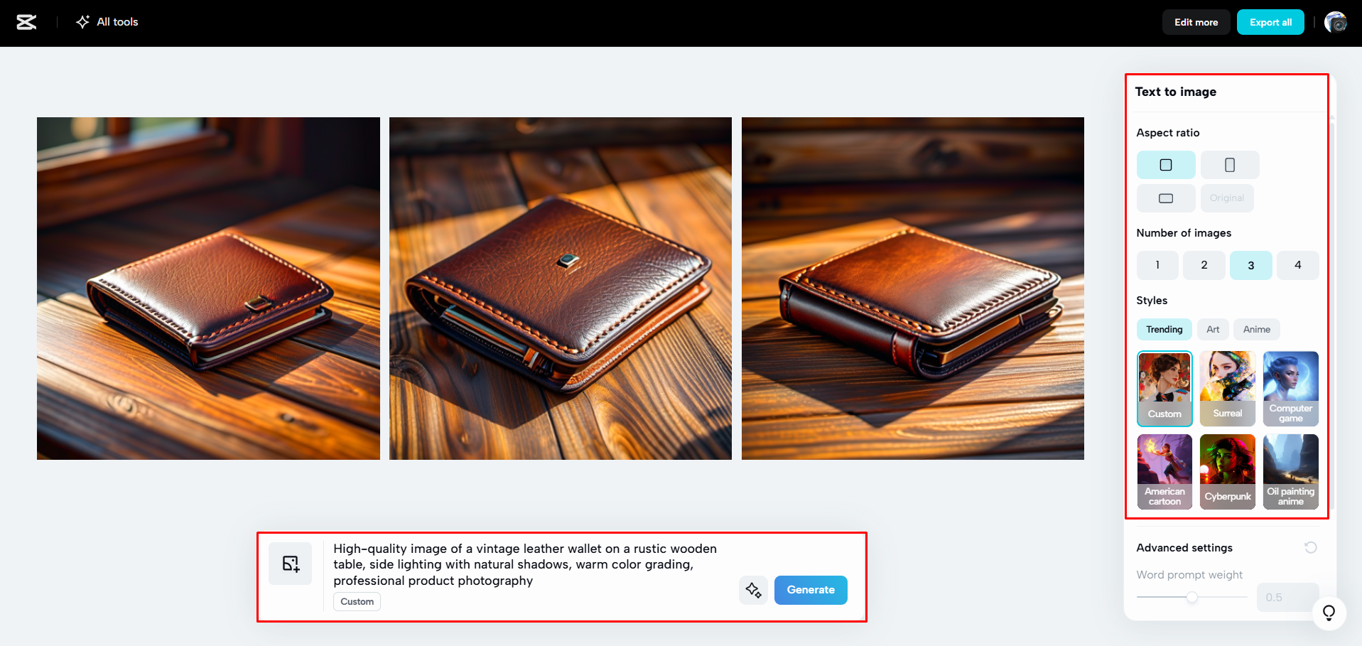Generating an image with AI in CapCut Web