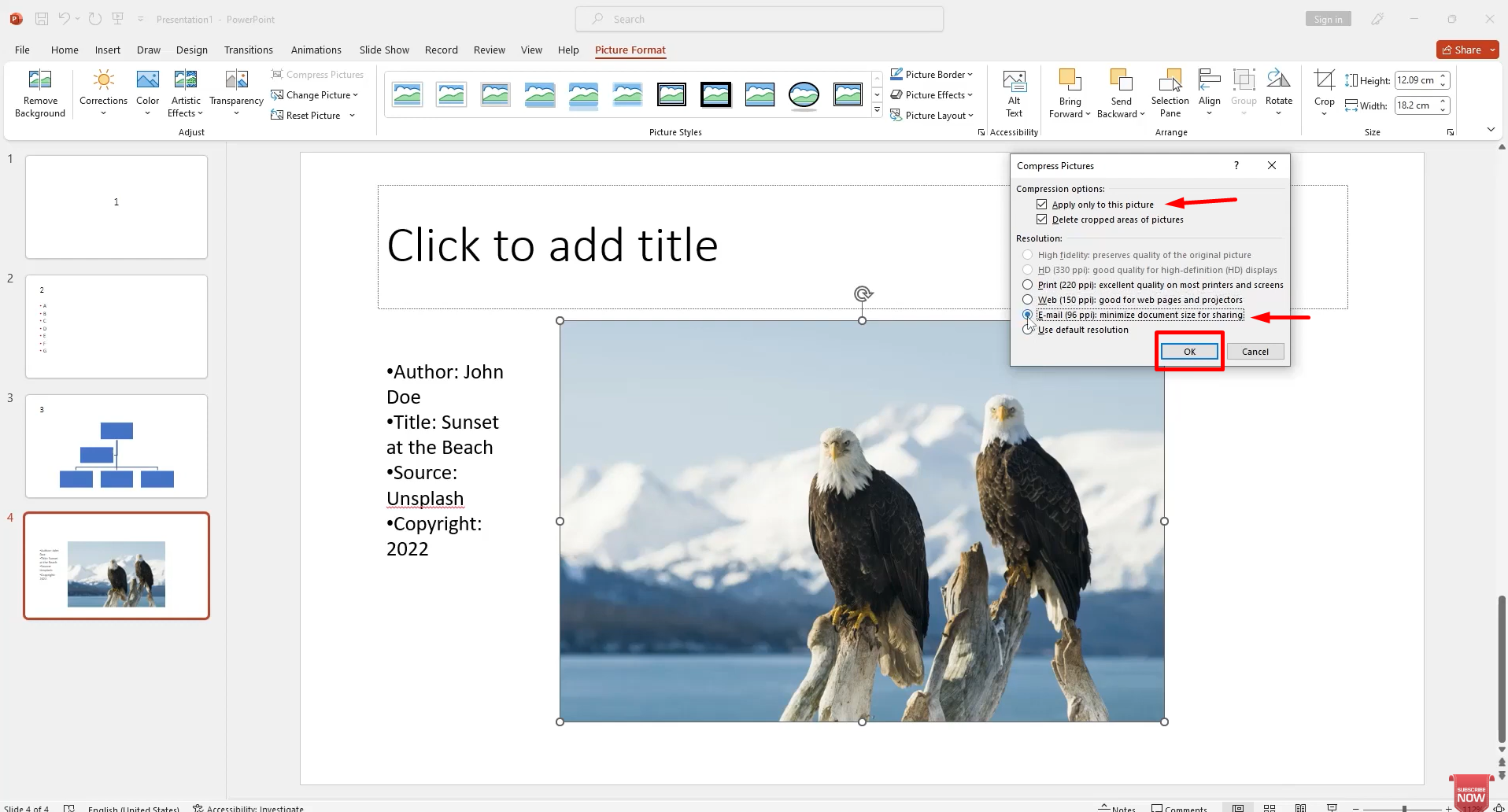 Applying the compression feature to the image in PowerPoint