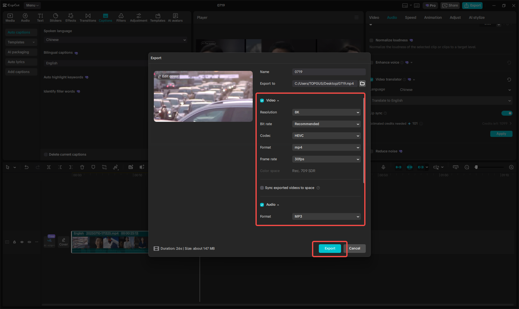 A lefordított videó/hang exportálása CapCut-ban