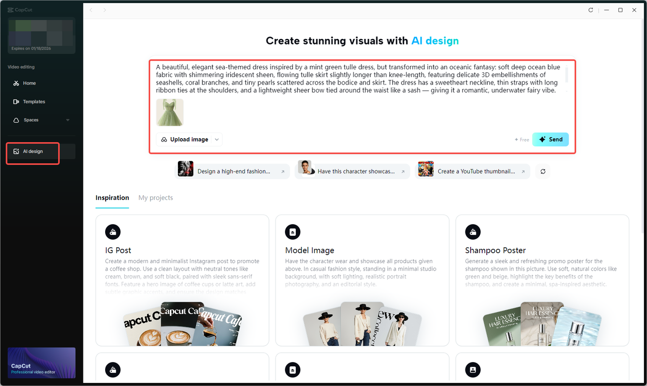 Write your clothing style prompt in the CapCut AI design feature