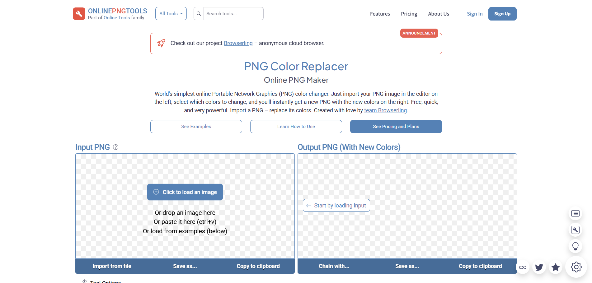 Interface de ferramentas PNG on-line
