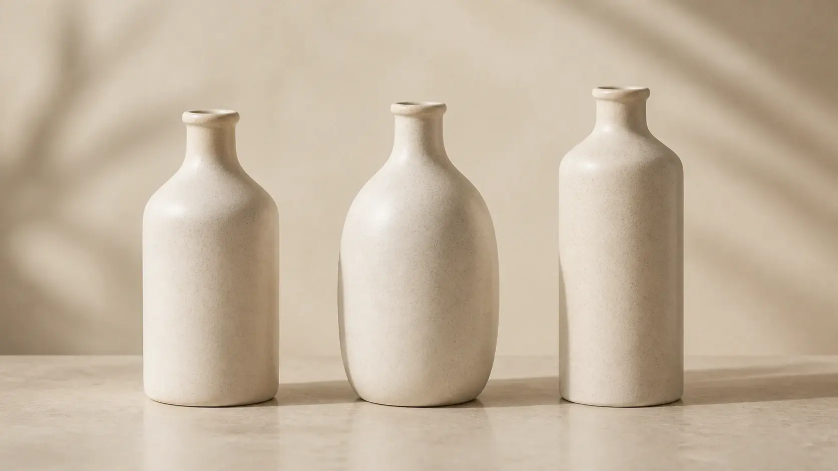 Three beige ceramic bottles on a neutral tabletop background