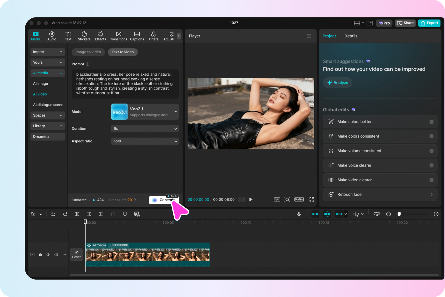 Generování videa AI z textu v editoru videa CapCut pro stolní počítače
