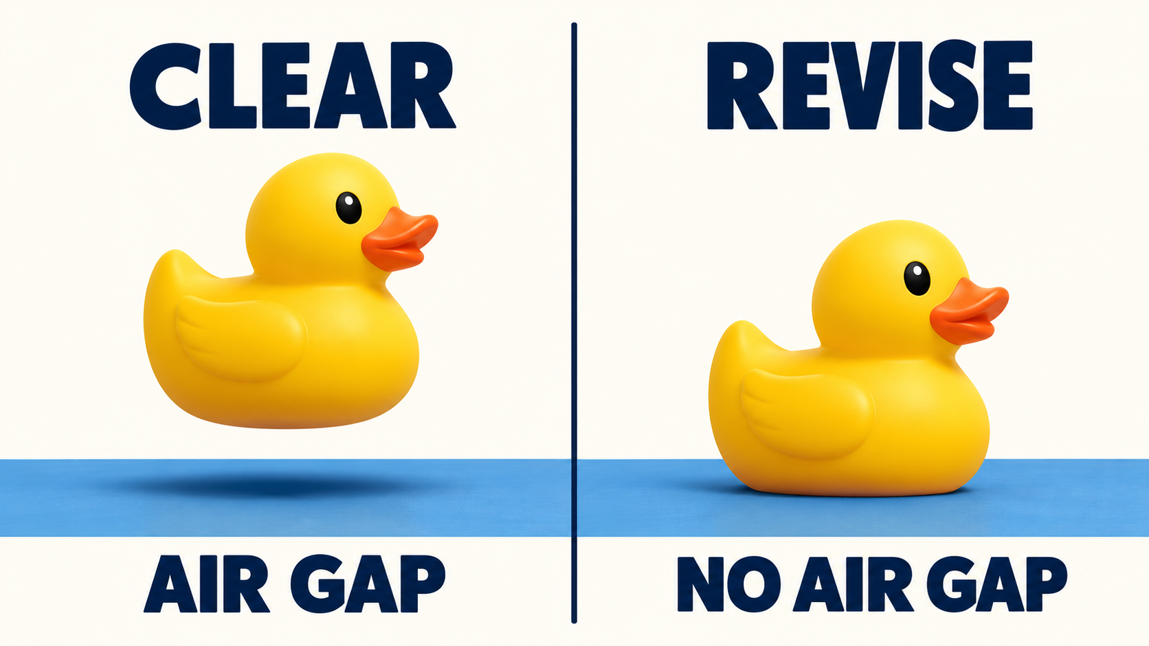 Concept comparison showing a floating duck with an air gap and a grounded duck without one