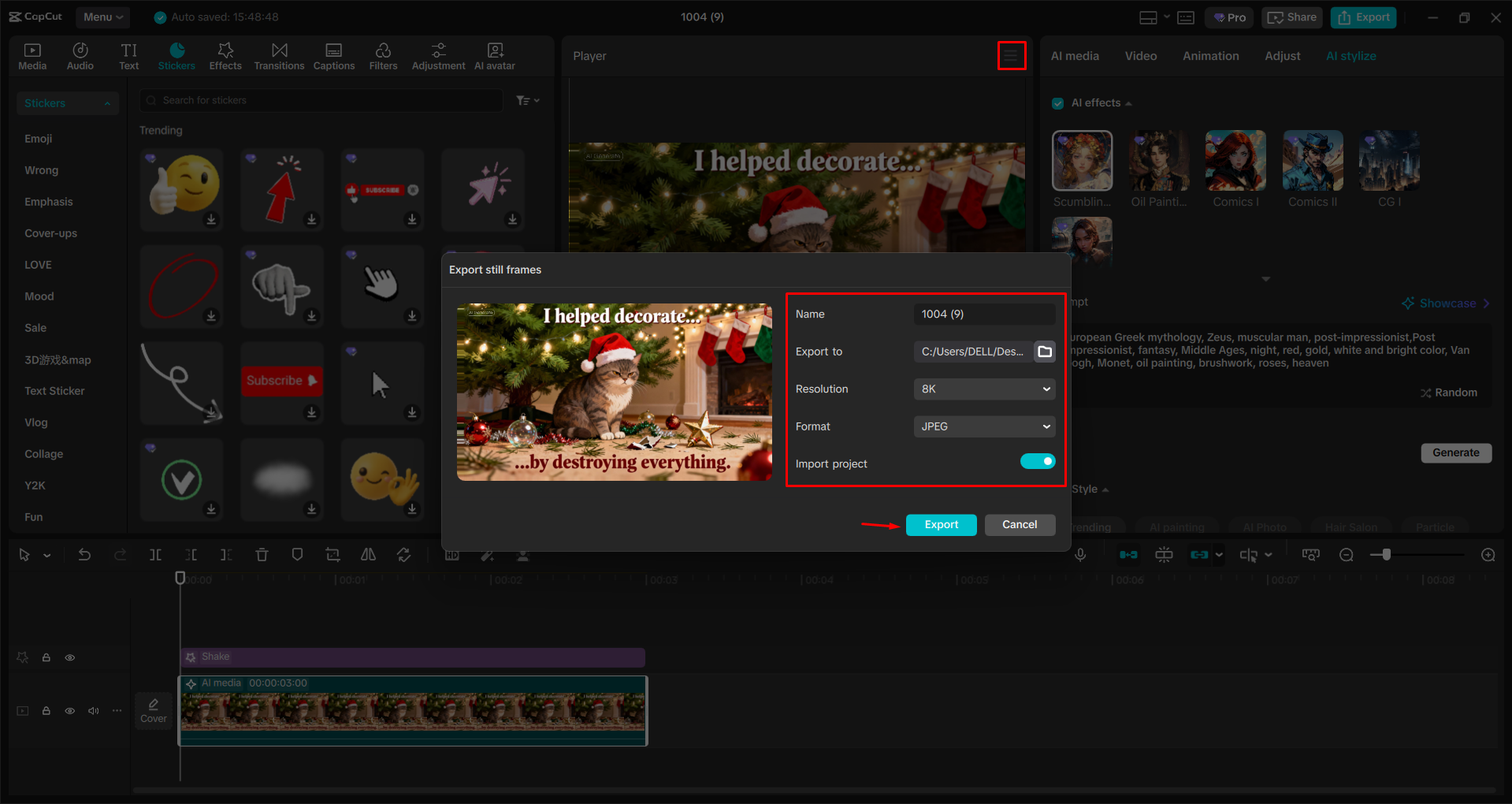 Exporting the image from the CapCut desktop video editor