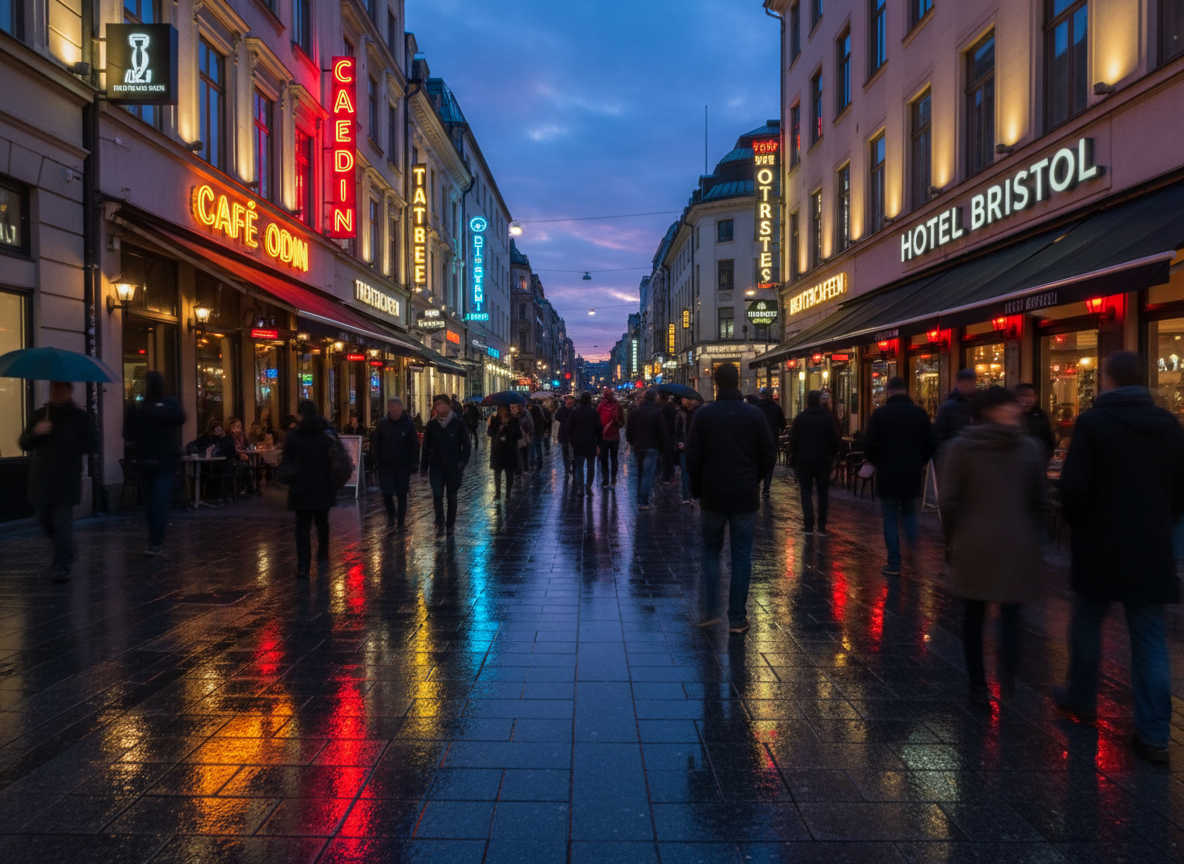 Noční život na Karl Johans gate: neonové nápisy, teplé světlo kaváren, živé davy, drobné rozmazání pohybu, kompozice vloggera z ruky, odrazy na mokré dlažbě.