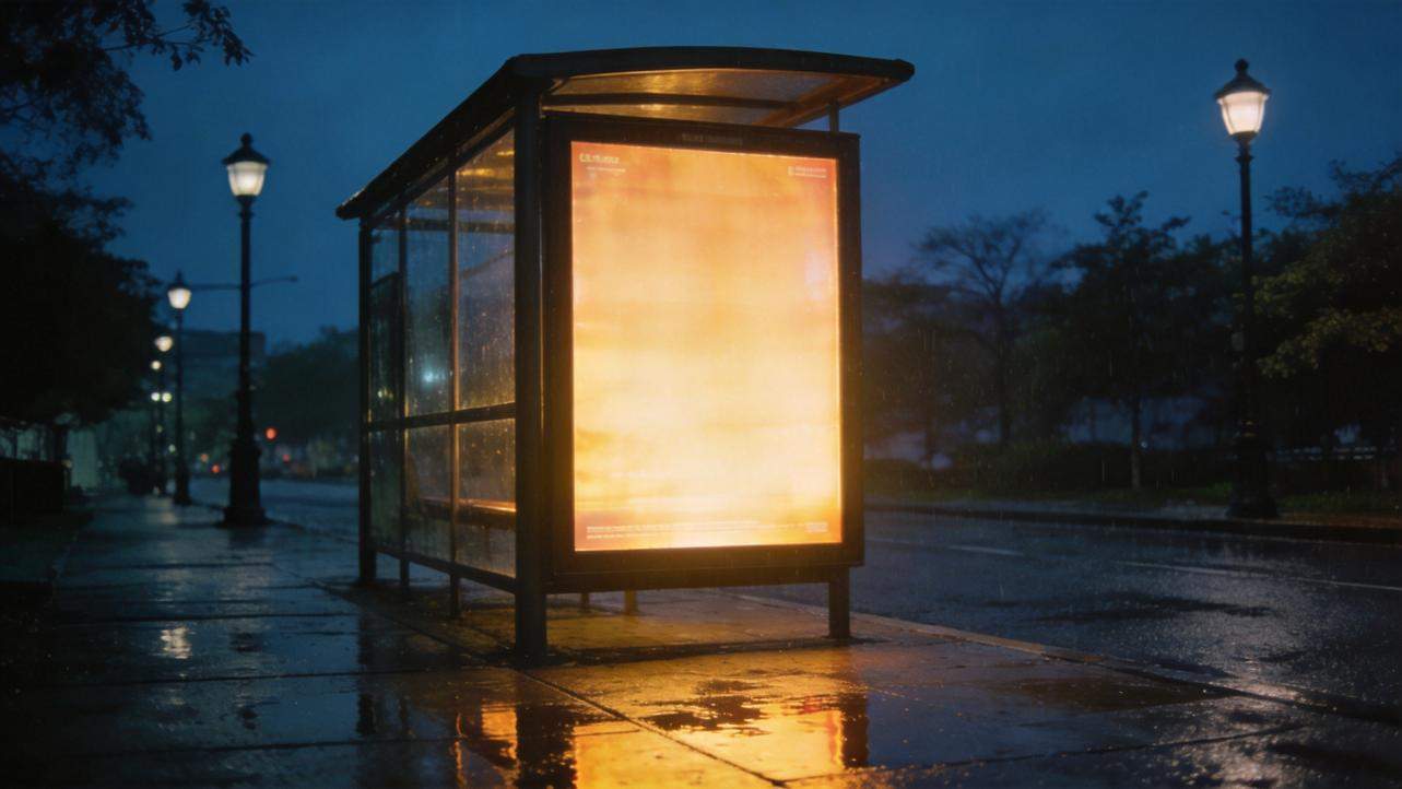 Lit poster mockup at a rainy bus stop at night