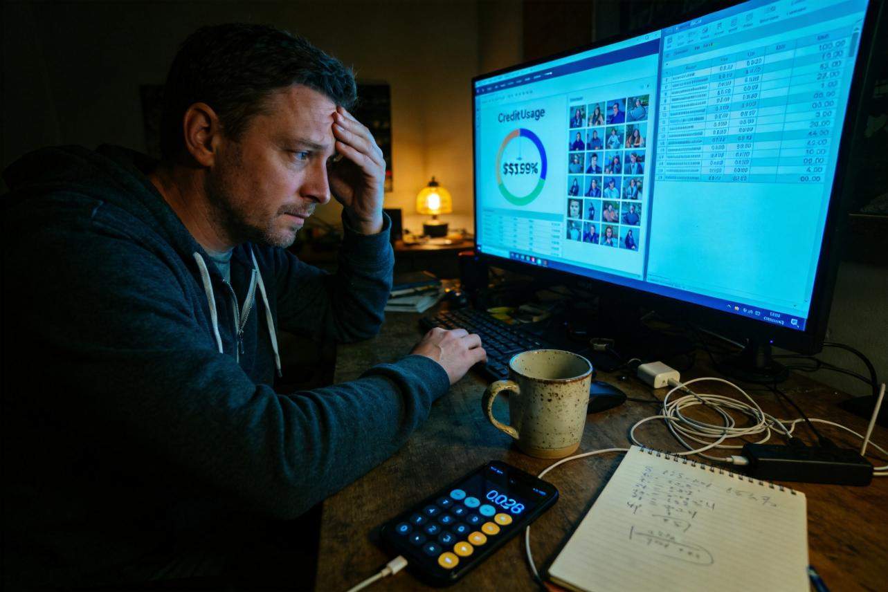 Man studying AI image generation costs on a monitor with credit usage and a calculator