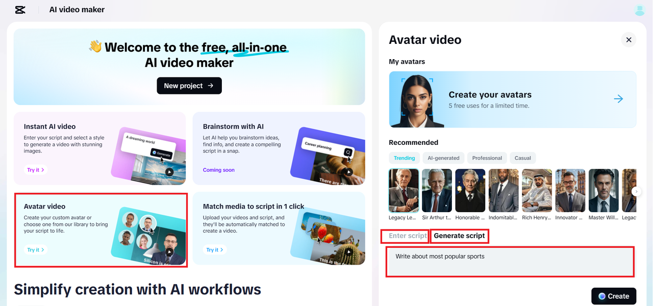 Enter script or create with AI