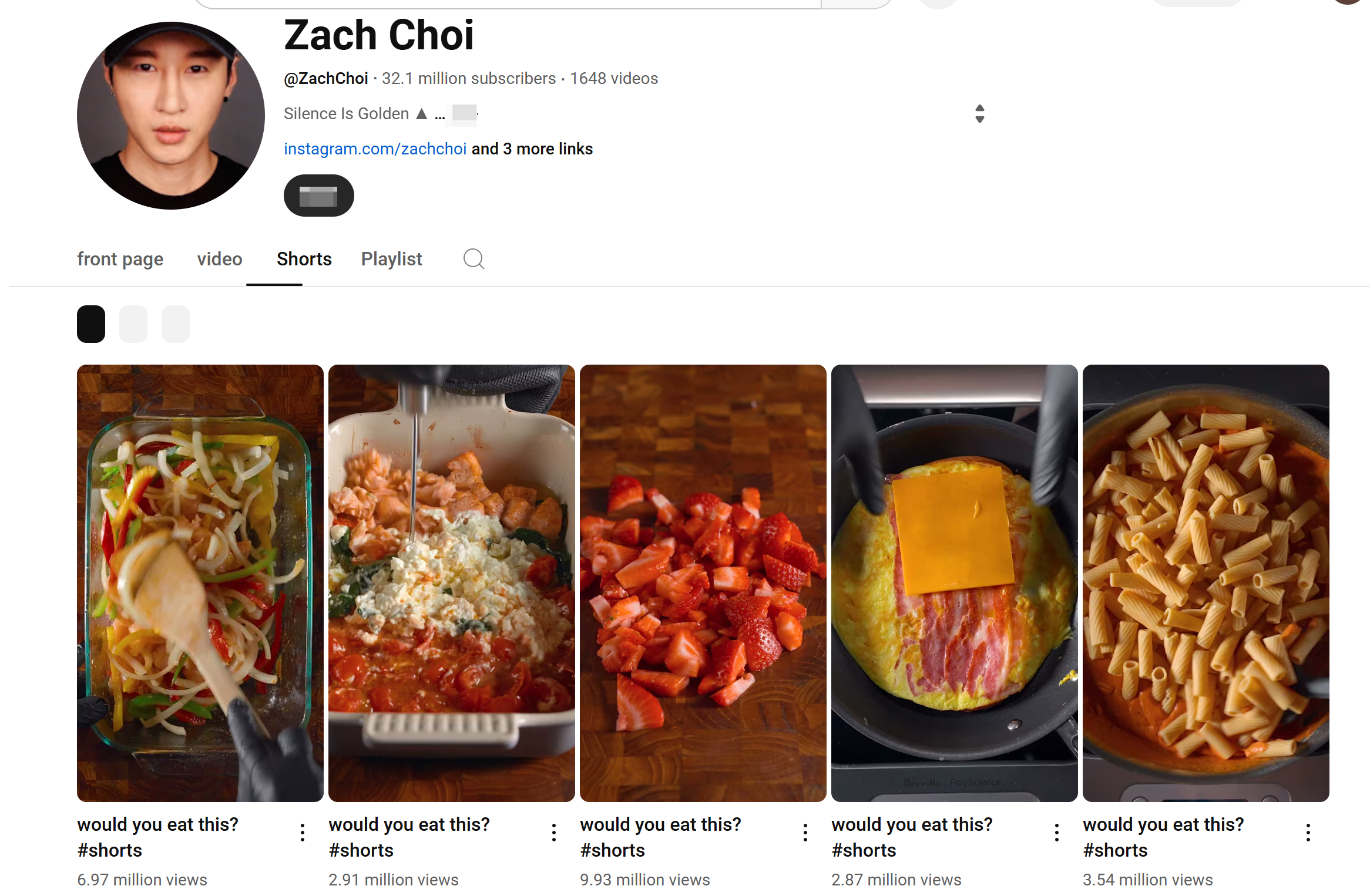Zach Choi's channel on YouTube food shorts