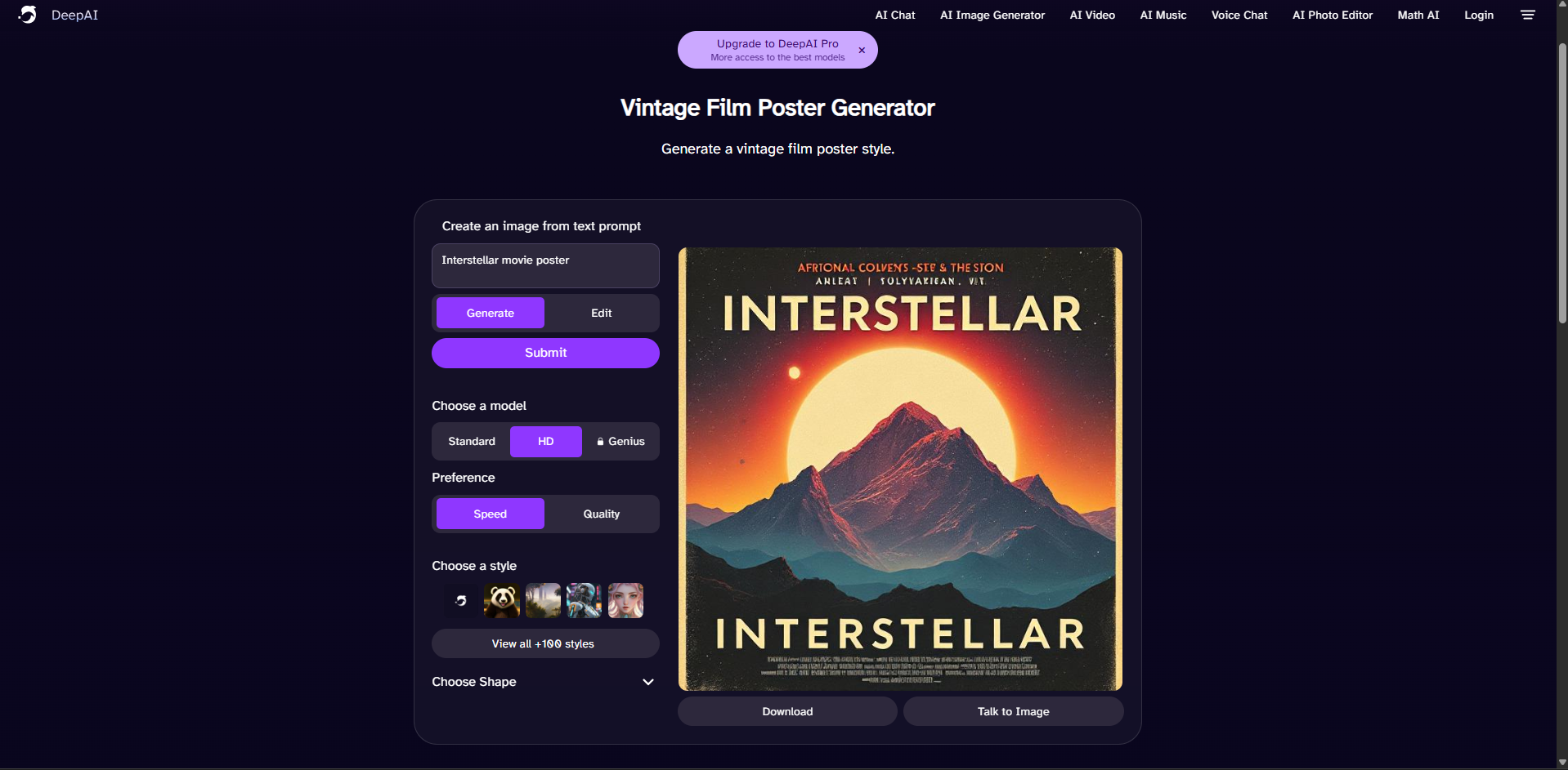 Interface of DeepAI - an easy to use AI movie poster generator