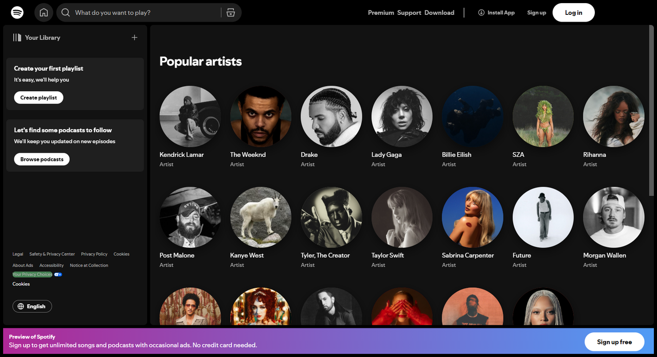 Popular artists on the Spotify interface