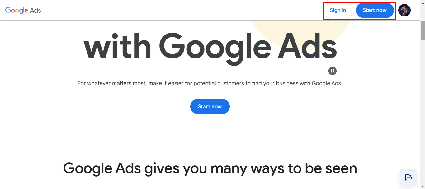 Interface de la page d'accueil de Google Ads pour créer un nouveau compte pour les campagnes YouTube