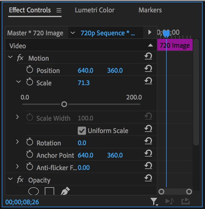 Premiere Pro Effect Controls panel showing Scale and Position settings for manual zoom editing