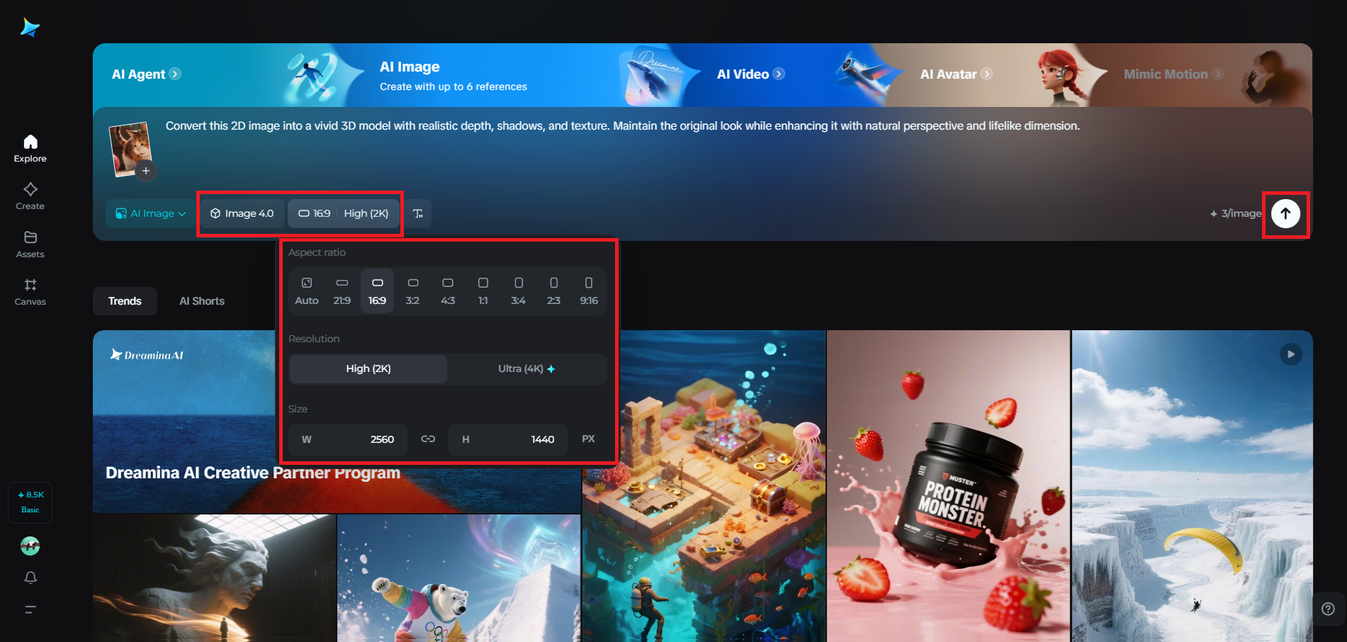 Select model, aspect ratio, and resolution