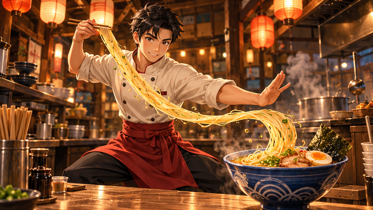 Illustrative AI Kung Fu Ramen example: an anime noodle arc