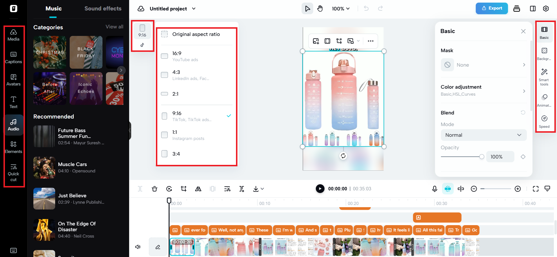 Editing options on either side of canvas