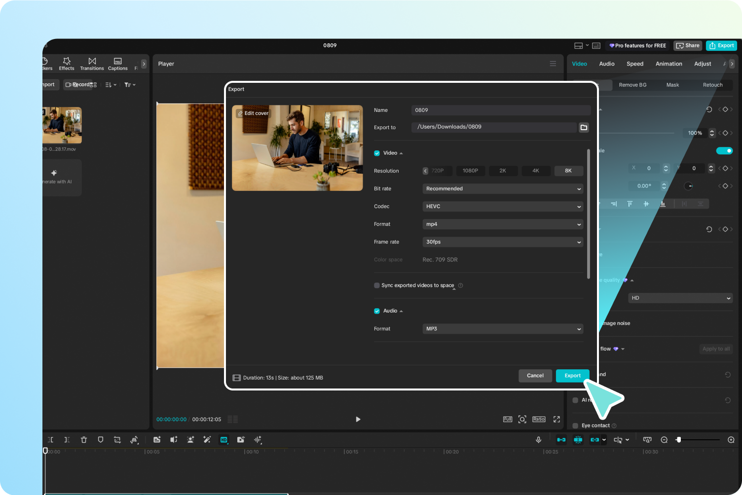 Export vylepšených médií z nástroje CapCut AI Video Enhancer