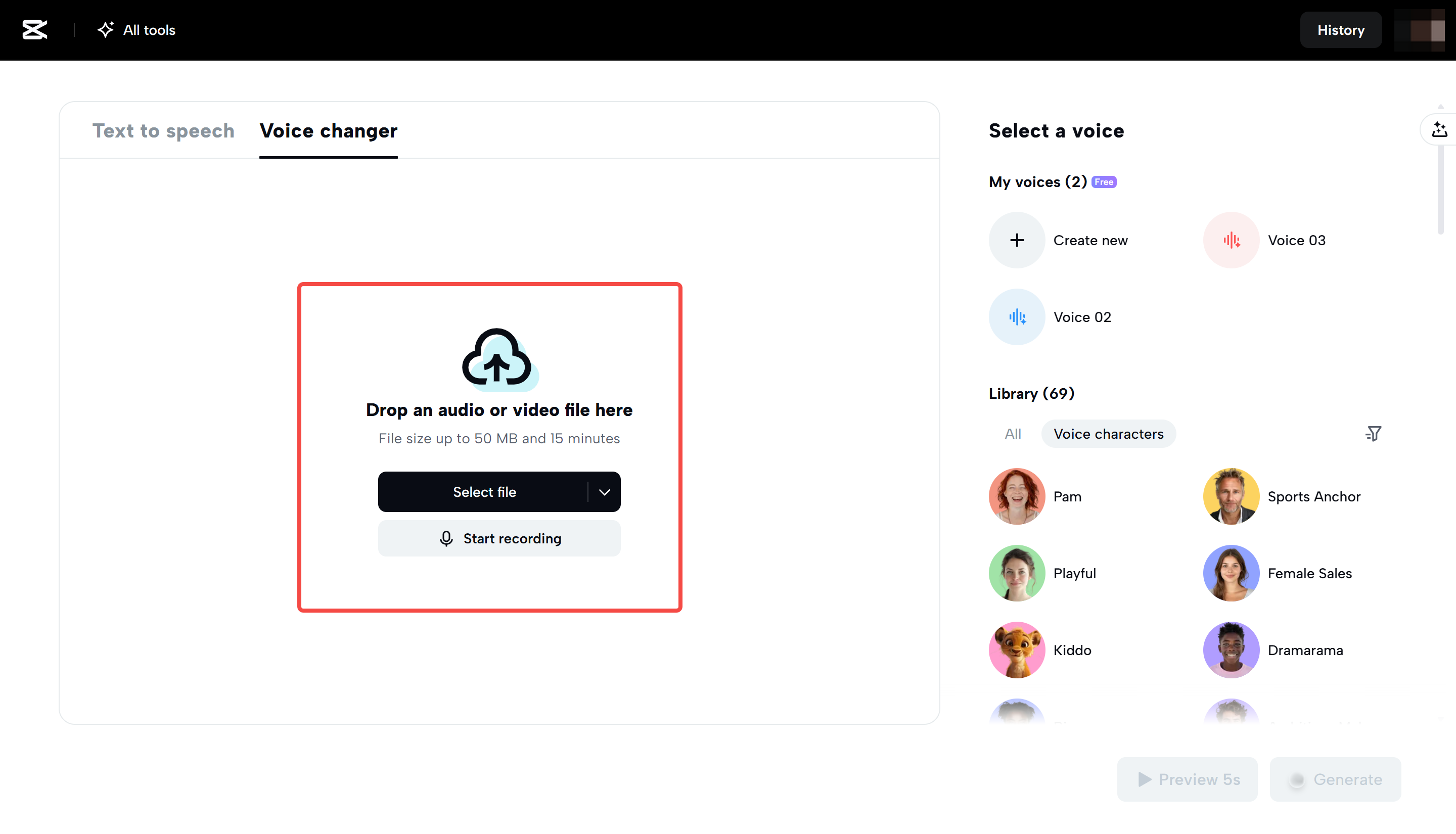 Uploading an audio file to CapCut Web
