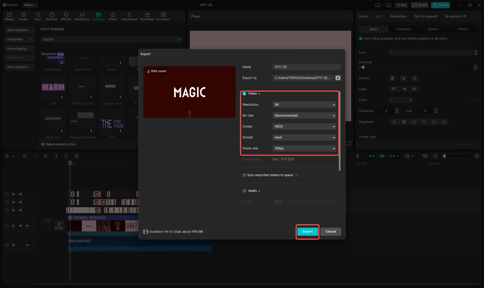 Choose a lyric video template in CapCut