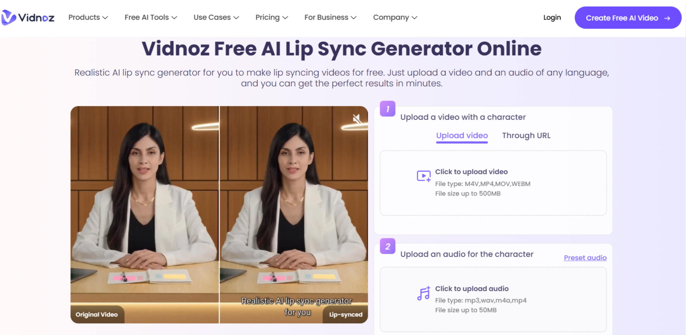 واجهة Vidnoz - أداة سهلة الاستخدام لمزامنة الشفاه AI عبر الإنترنت