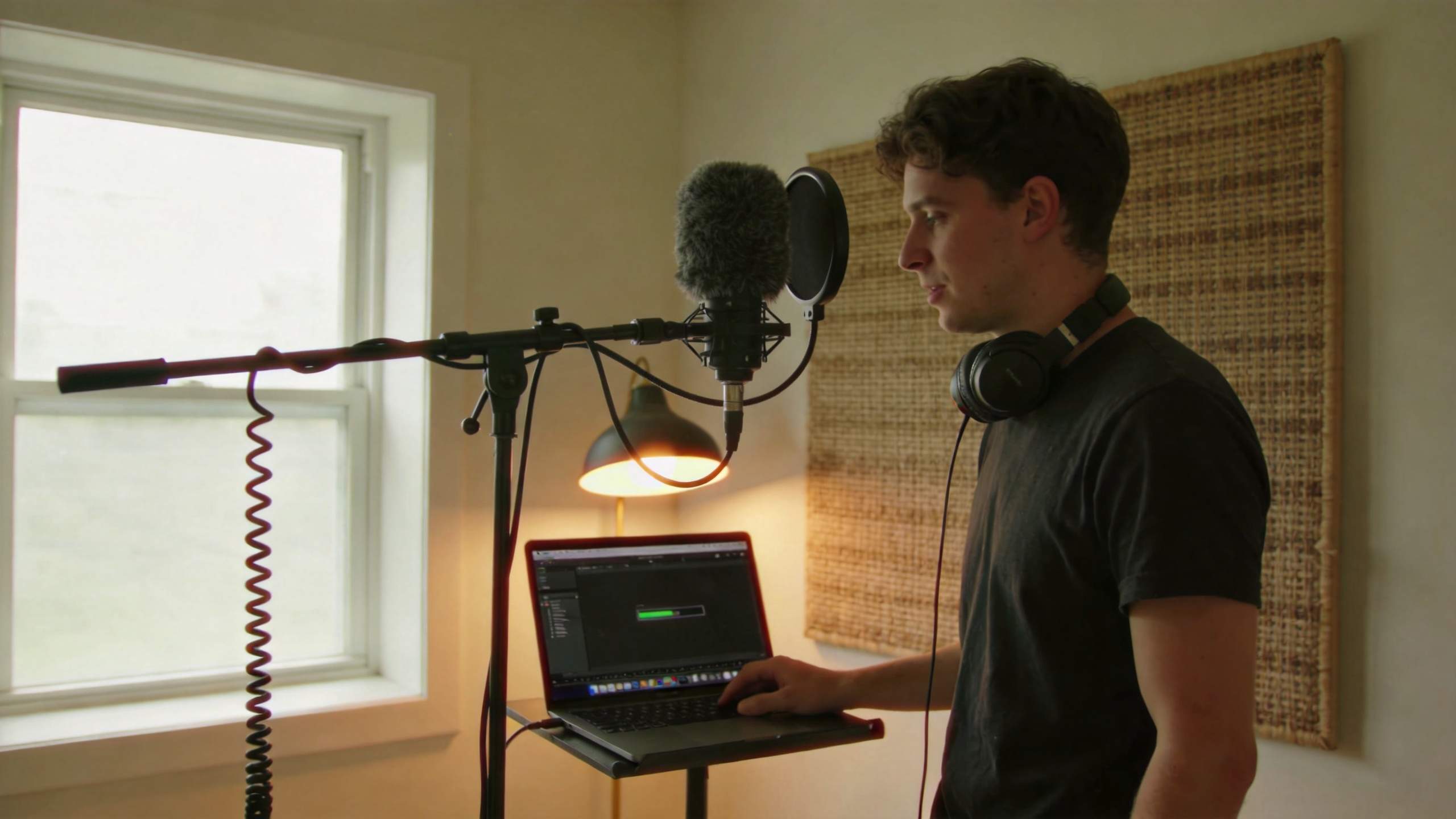 Young man recording voiceover into a microphone beside a laptop