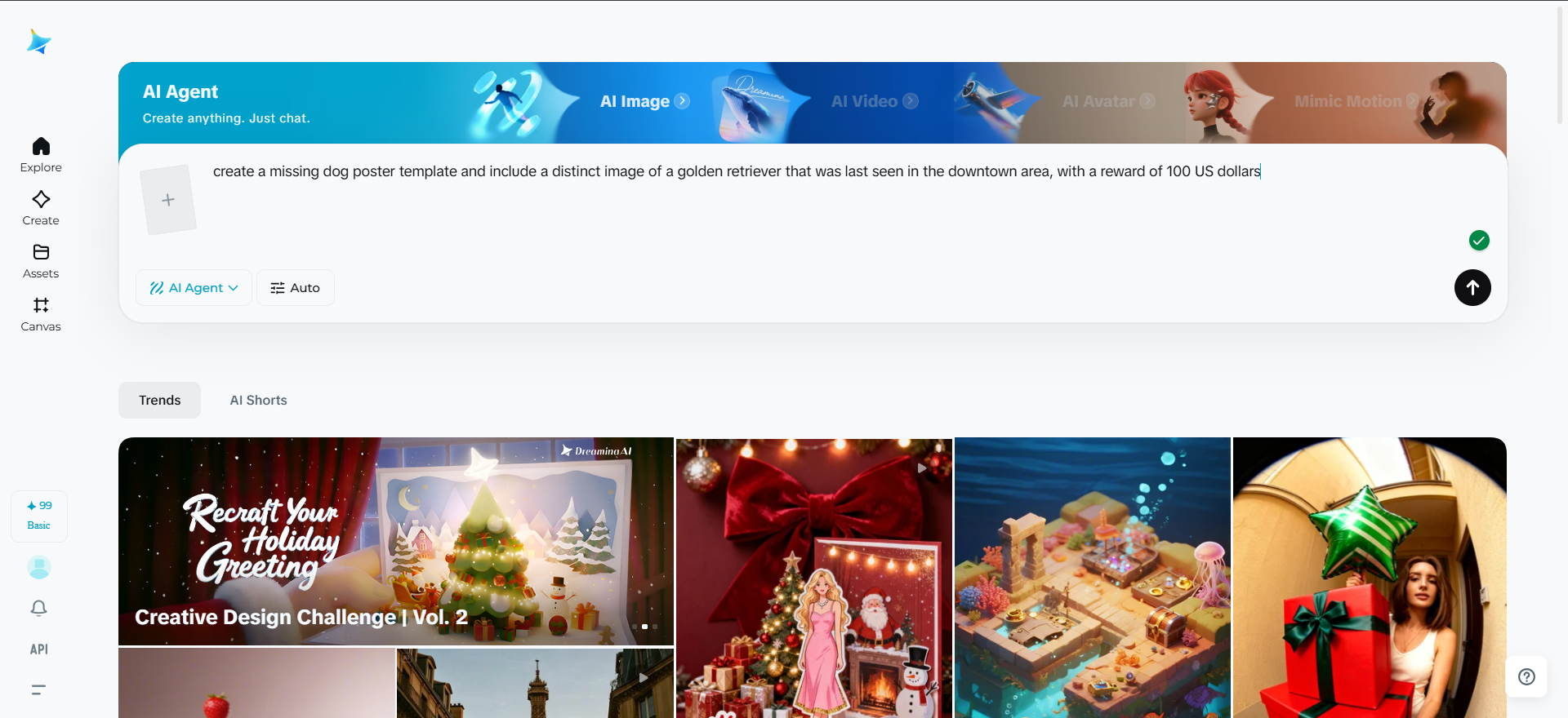 scrieți prompt în Dreamina pentru crearea posterului pentru animale de companie lipsă