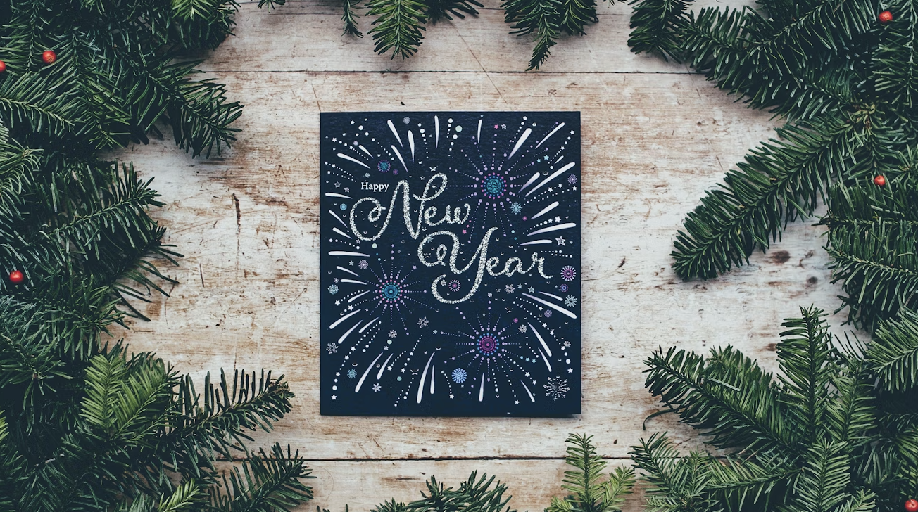A vibrant and festive image celebrating the new year, with fireworks and confetti in the background. The text "100+ Inspiring New Year Quotes for a Fresh Start in 2025" is prominently displayed in an elegant font.