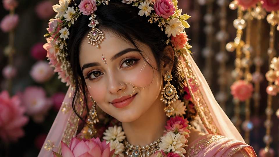 Viral Prompt for Radha Rani Look — a devotional Radha Rani portrait with floral adornment