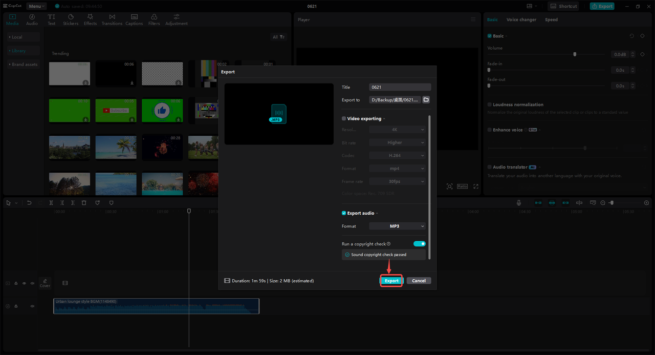 Export the MP3 file