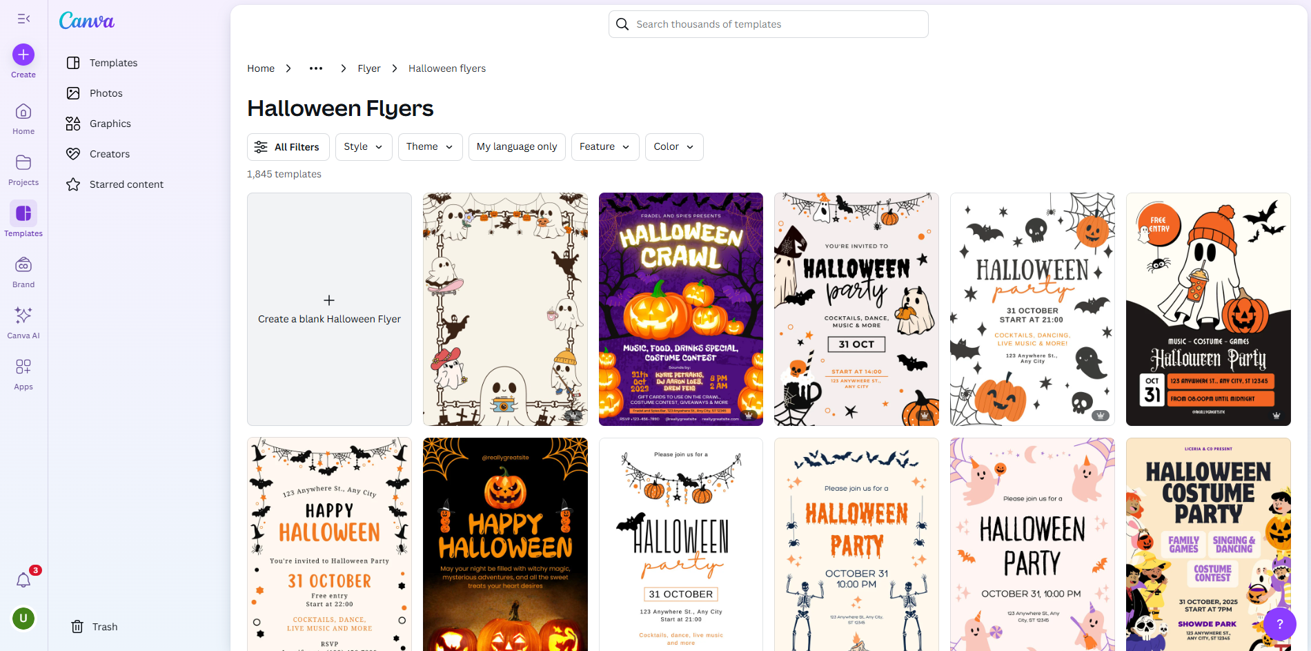 Interface of Canva - a tool to customize Halloween flyer template