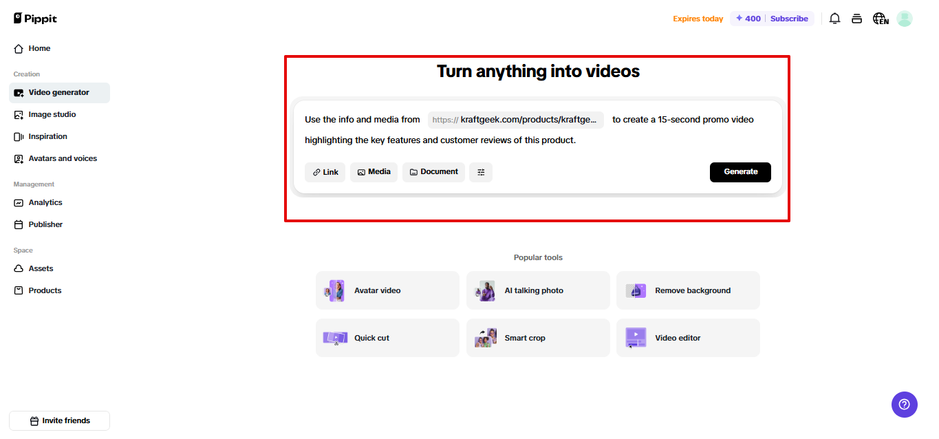 Entering prompt for video generation in Pippit