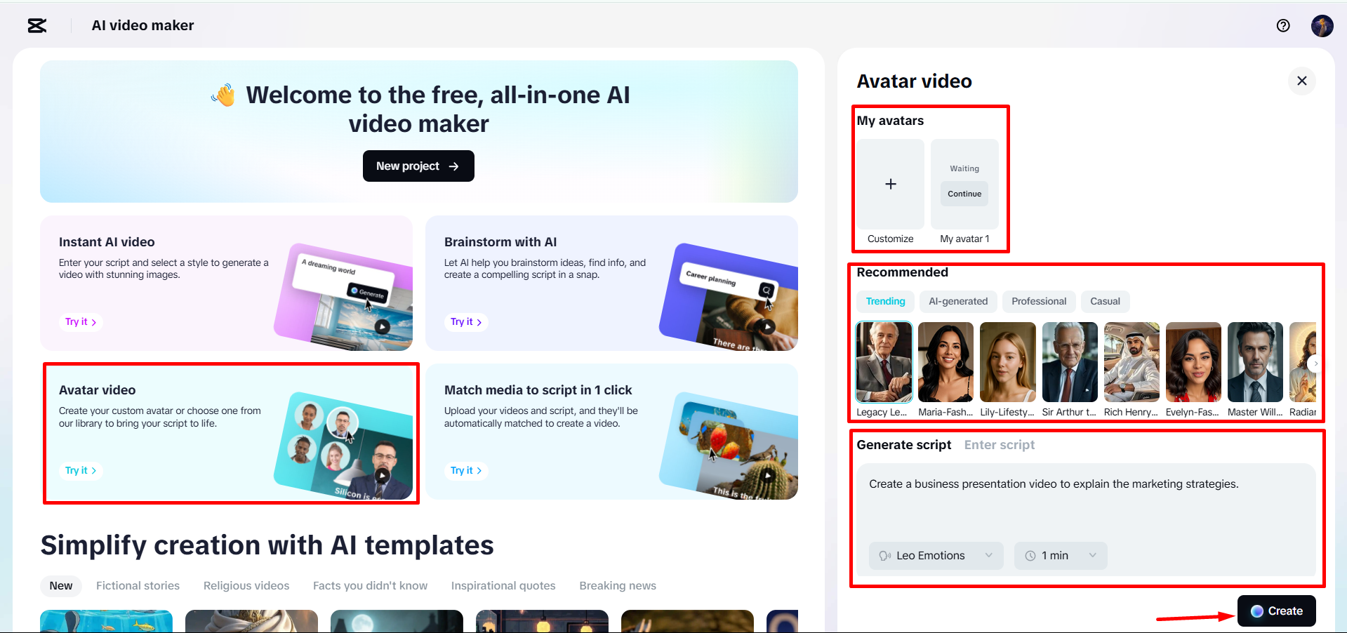 Generating an Avatar video from a script in CapCut's AI video maker