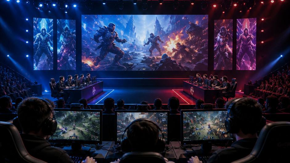 Game Videos Template — esports gameplay on screens without readable UI