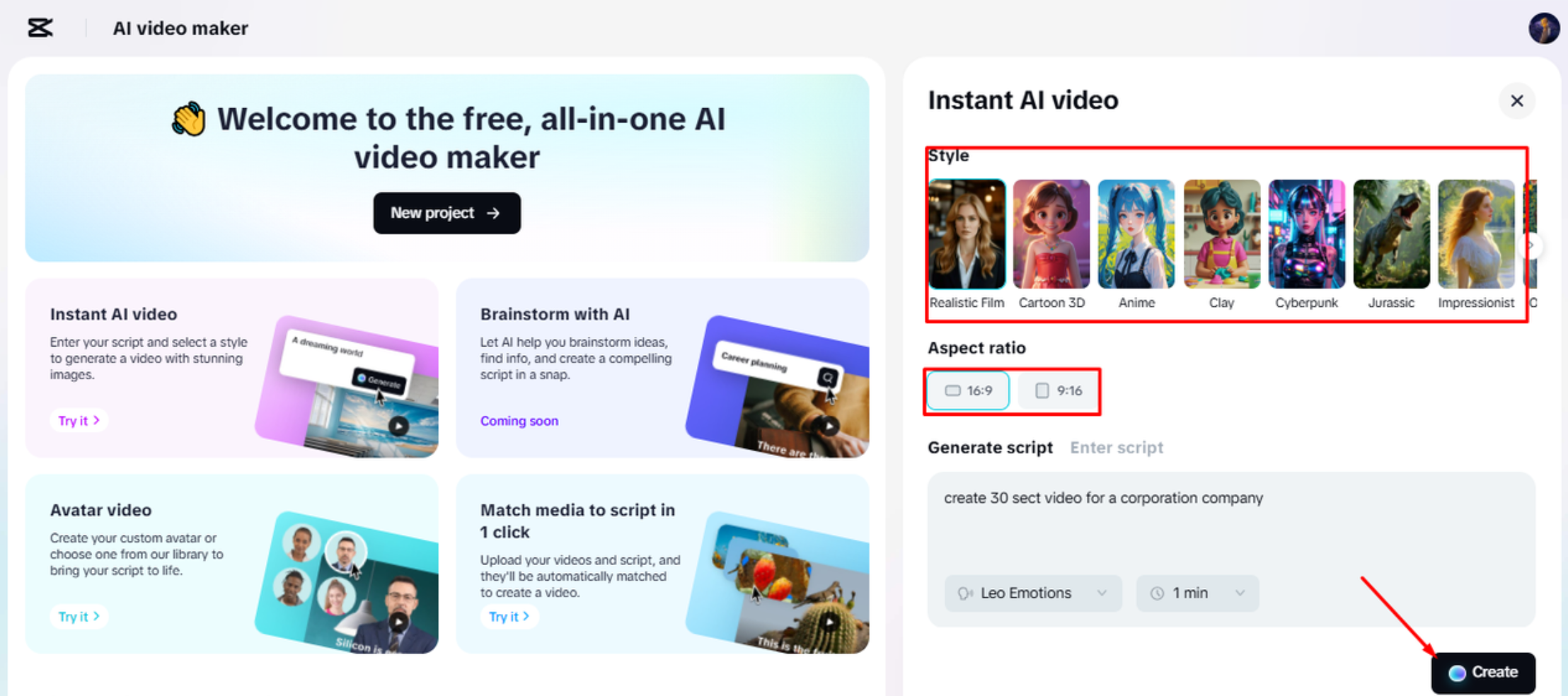 Generating a script using CapCut's AI video maker