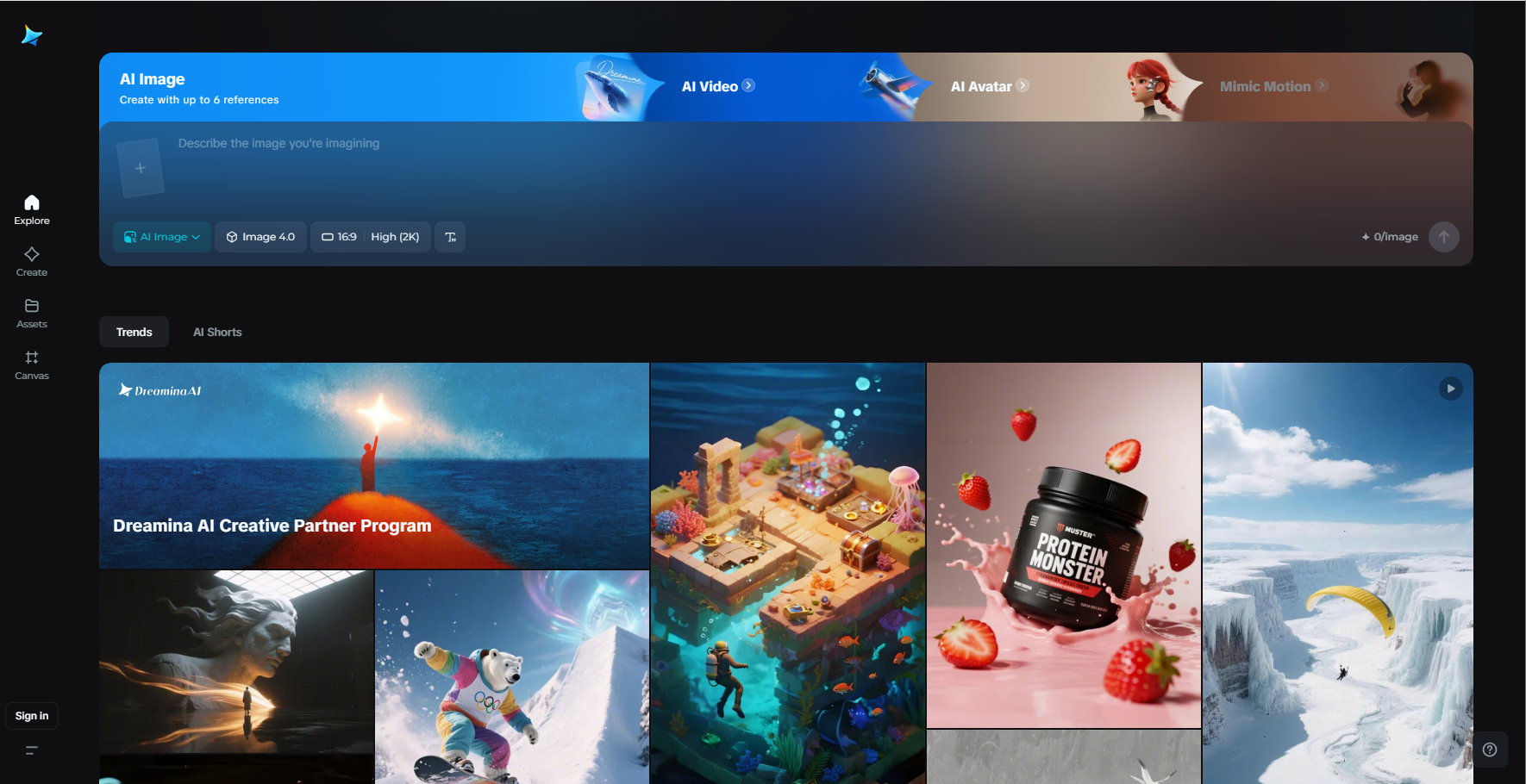 Página inicial do Dreamina