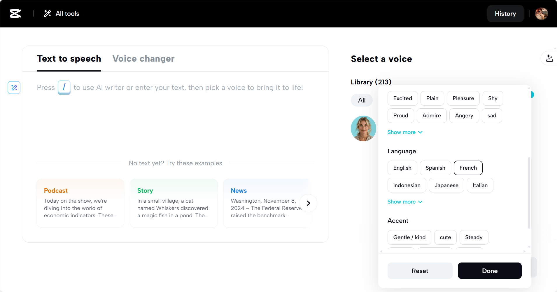 Lecteur de texte en français par l'IA de CapCut Web