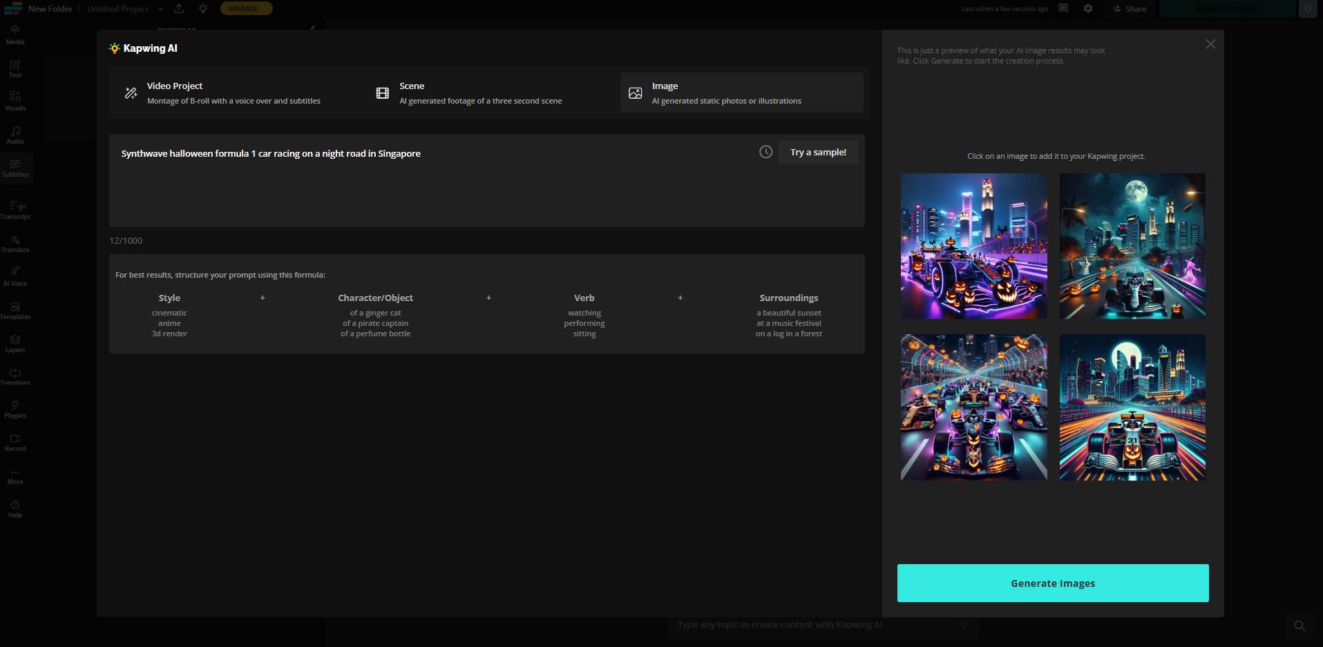 Oberfläche von Kapwing – ein einfacher Weg, lustige Bilder mit KI zu erstellen