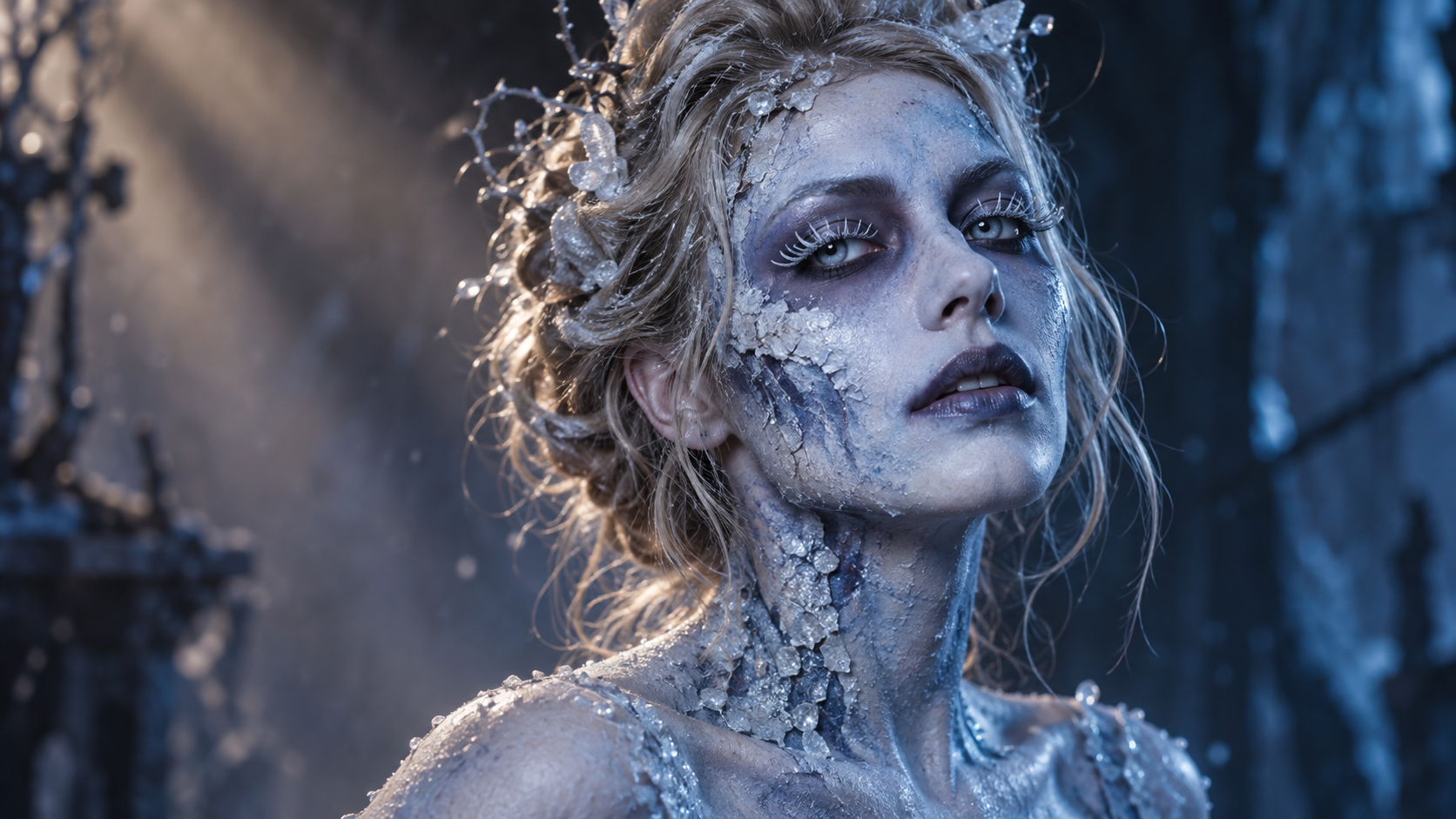 zombie makeup prompts: Adult Performer with Icy Blue Zombie Makeup